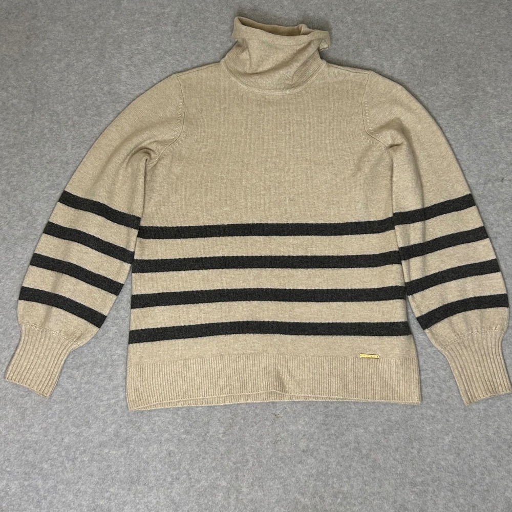 Michael Kors Cream Black Stripe Turtleneck Sweater Womens M Wool Alpaca Blend